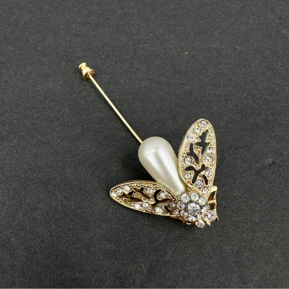 Vintage Bee Fly Bug Insect Stick Hat Lapel Pin Gold Tone Rhinestone Faux Pearl - Picture 3 of 16